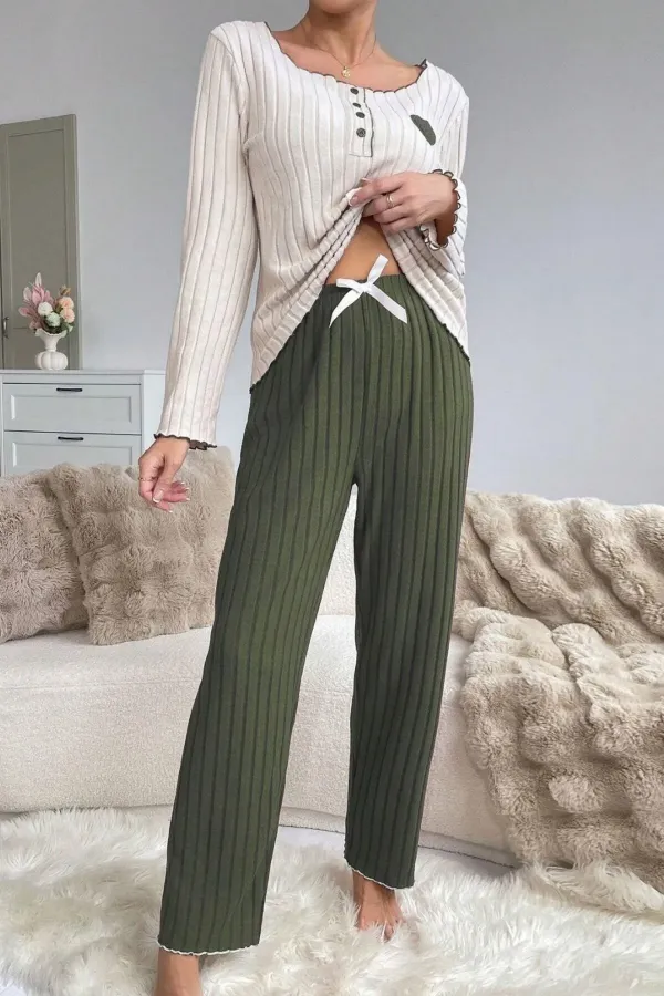 Embroidered Green Cotton Heart Detailed Pajama Set