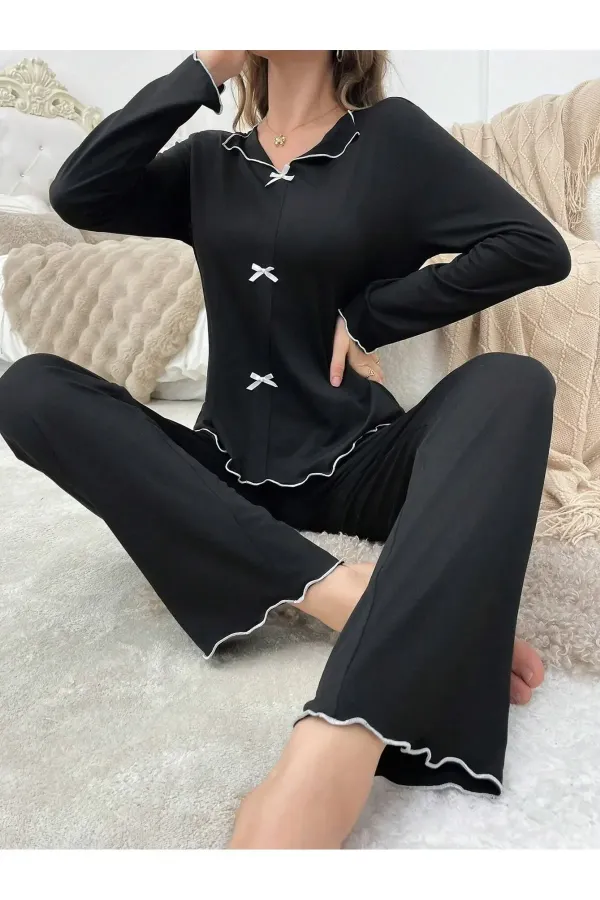 Ensemble de pyjama noir saisonnier à manches longues et nœud