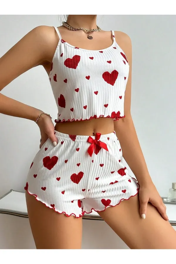 Cotton Rope Strap Heart Patterned Pajama Set