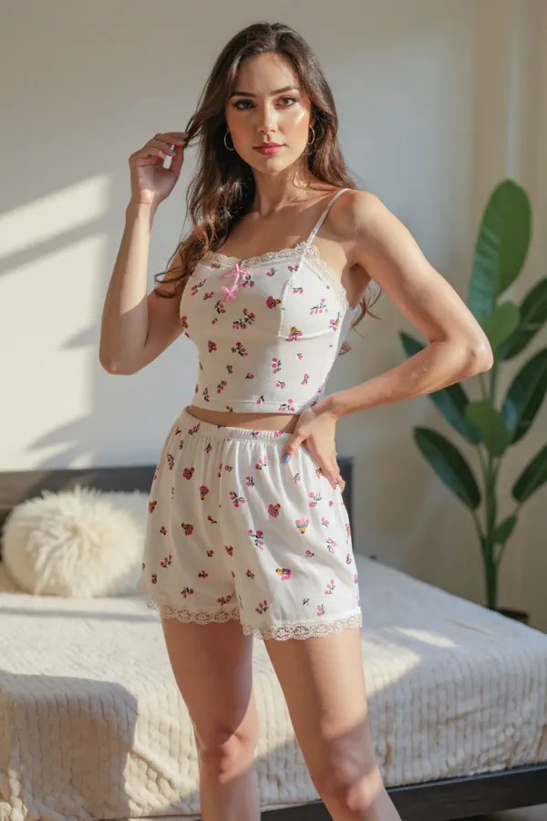 Ensemble pyjama d'été rose avec nœud et short