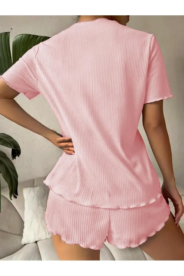 V-Neck Dusty Pink Cotton Bow Detailed Pajama Set
