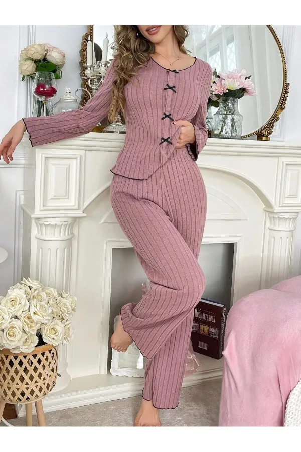 Gül Kurusu Pamuklu Fiyonk Detaylı Uzun Kollu Pijama Takımı