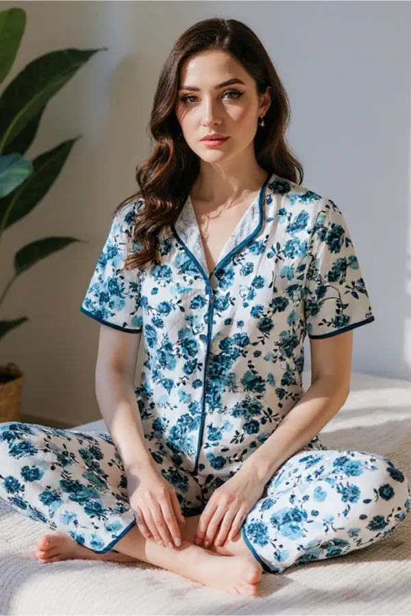 Mavi Kısa Kollu Düğmeli Yazlık Pijama Takımı