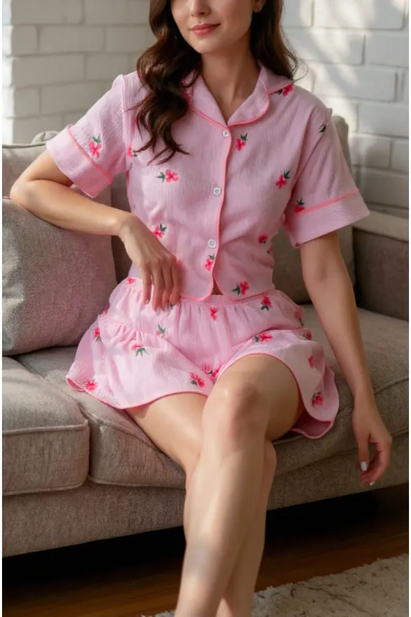 Pink Floral Patterned Buttoned Summer Pajama Set
