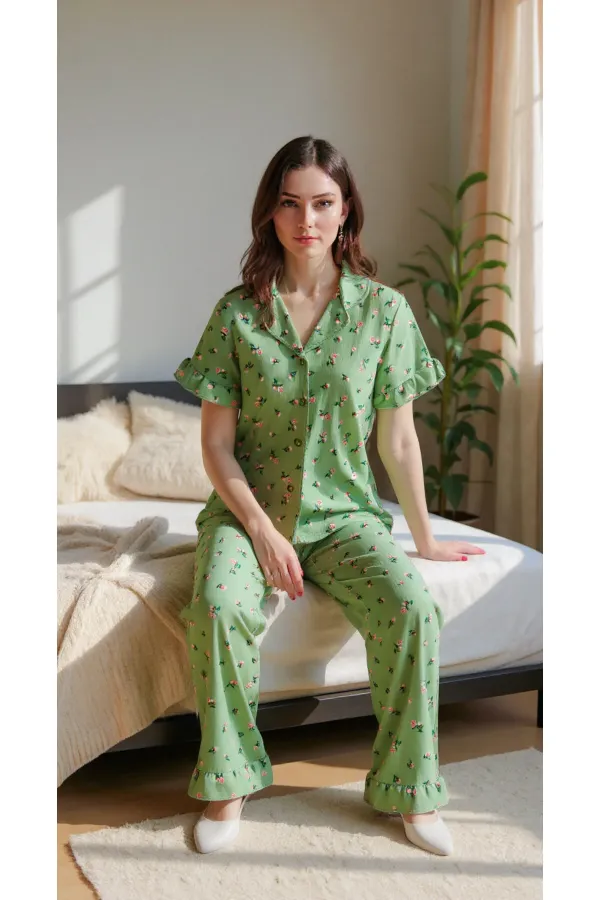 Kadın Yeşil Yaz Esintili Floral Pijama Takımı