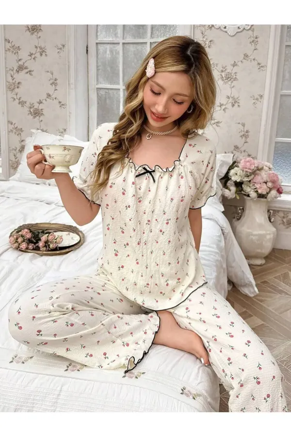 Retro Floral Patterned Bow Detailed Pajama Set