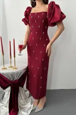 Robe bordeaux à manches brodées en gros