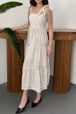 Toptan Bej Omuzdan Bağlamalı Çizgili Elbise