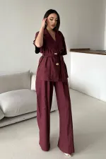 Toptan Bordo Keten Gömlekli Takım