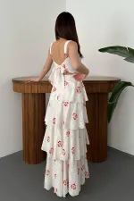 Toptan Kırmızı Korona Desenli Kat Kat Arkası Bağlamalı Elbise