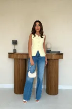 Toptan Sarı Belden Oturtma Detaylı Düğmeli Yelek