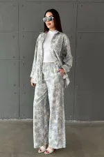 Wholesale Blue Leopard Patterned Jacket and Trousers Linen Suit