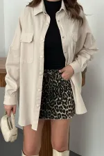 Toptan Bej Çift Cep Kapaklı Çıtçıtlı Gömlek
