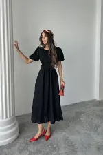 Toptan Siyah Balon Kol Kuşaklı Elbise