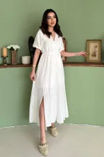 Toptan Beyaz Kruvaze Yaka Müslin Keten Elbise