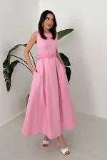 Toptan Pembe Halter Yaka Kloş Elbise