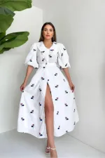 Toptan Kırmızı Yakası Çiçek Motifli Kemerli Elbise