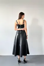 Toptan Siyah Askılı Deri Elbise