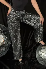 Toptan Siyah Gümüş Beli Lastikli Pullu Pantolon