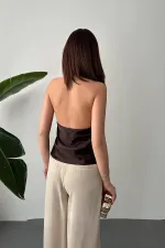 Toptan Kahverengi Degaje Saten Bluz