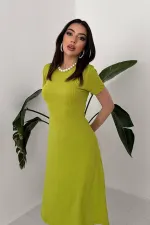 Toptan Yeşil Basic Fitilli Midi Elbise