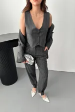 Toptan Antrasit Çizgili Üçlü Takım