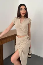 Toptan Vizon Keten Gömlek Ve Etek Takım