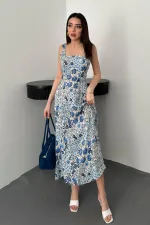 Toptan Mavi Çiçekli Viskon Elbise