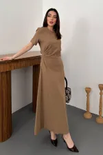 Toptan Vizon Pileli Bisiklet Yaka Elbise