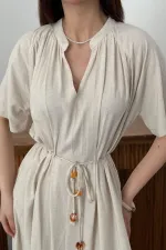 Toptan Bej Salaş Keten Elbise