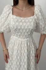 Toptan Beyaz Balon Kollu Fırfırlı Elbise