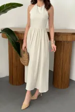 Robe en lin beige avec dentelle au dos, vente en gros