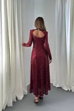 Toptan Bordo Sırt Dekolteli Pulpayet Elbise