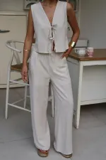 Costume en lin beige avec nœud sur le devant, vente en gros