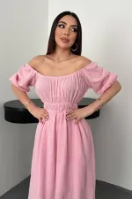 Robe en mousseline de lin rose à col froncé, vente en gros
