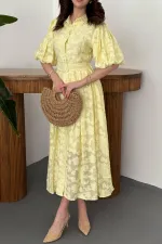 Robe jaune à manches ballon avec ceinture en gros