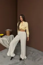 Toptan Bej Paçası Fırfırlı Keten Pantolon