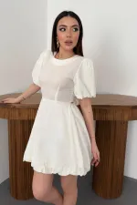 Toptan Beyaz Arkadan Bağlamalı Keten Elbise