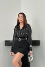 Toptan Siyah Çizgili Saten Gömlek