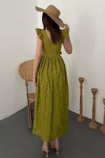 Toptan Fıstık Yeşili Dantelli Brode Elbise