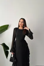Toptan Siyah Volanlı Şifon Elbise