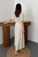 Toptan Bej Salaş Keten Elbise