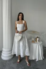 Toptan Beyaz Arkası Korse Detaylı Uzun Elbise