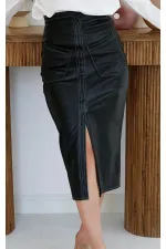 Toptan Siyah Cep Detaylı Deri Etek