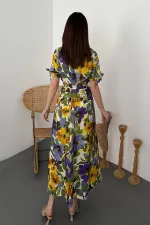 Toptan Mavi Desenli Uzun Pileli Elbise