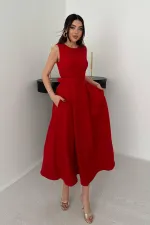 Toptan Kırmızı Halter Yaka Kloş Elbise