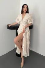 Wholesale Beige Ruffle Detailed Lace Embroidered Dress