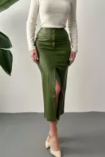 Jupe fendue et brodée kaki clair en gros