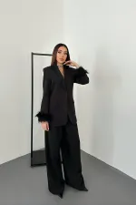 Toptan Siyah Kol Ucu Tüylü Ceket & Pantolon Takım