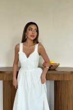 Toptan Ekru Dantel Detaylı Askılı Elbise